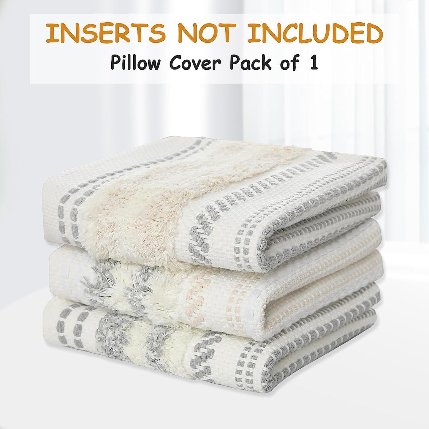 Decorative Boho Throw Pillow Cover 18X18, Accent Neutral Textured Tufted Pillow Cover Striped for Couch Bed Sofa, Beige and Cream White, Pack of 1