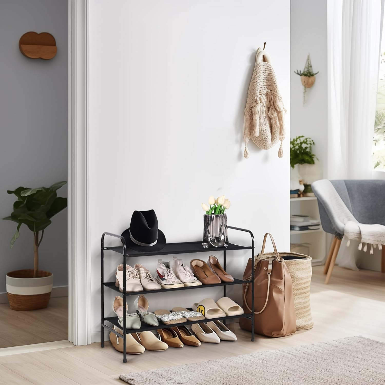 3 Tier Free Standing Shoe Rack, Metal Shoe Storage Shelf for 9-12 Pairs, Easy to Assemble, Entryway, Bedroom, Black