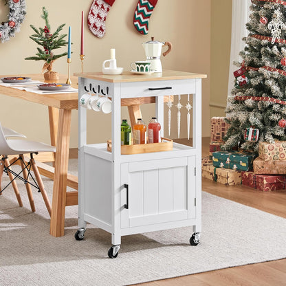 Kitchen Island Cart with Storage, Rolling Kitchen Island on Wheels with 6 Side Hooks, Wood Top Microwave Cart with Drawer for Dining Room, White