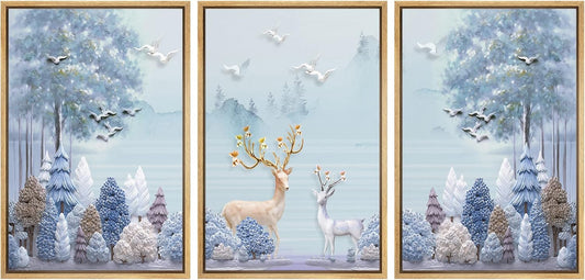 Framed Wall Art Print Set Elk with Flower Antlers in Winter Forest Nature Wilderness Illustrations Modern Art Rustic Colorful Pastel for Living Room, Bedroom, Office - 24"X36"X3 Natural