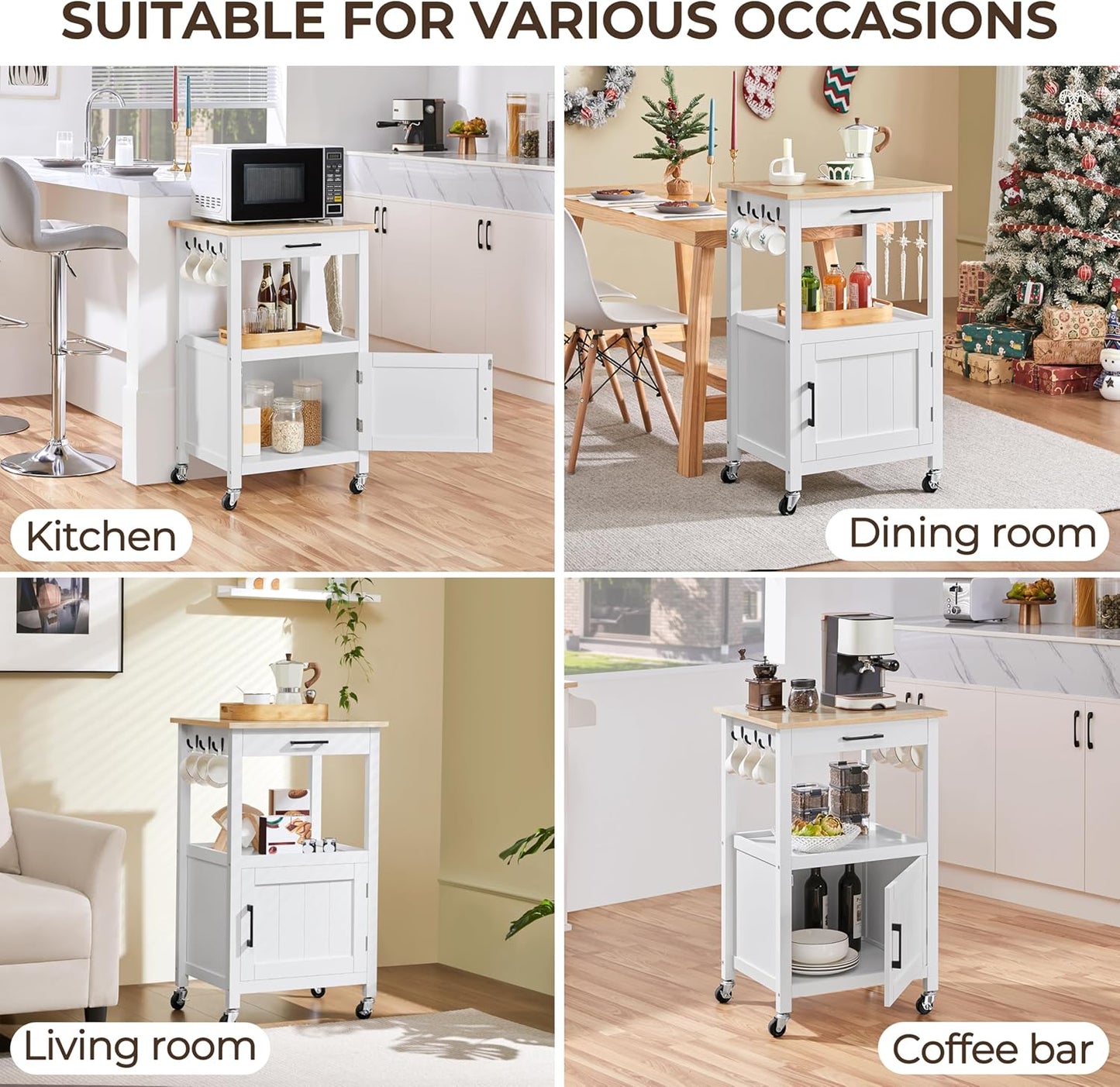 Kitchen Island Cart with Storage, Rolling Kitchen Island on Wheels with 6 Side Hooks, Wood Top Microwave Cart with Drawer for Dining Room, White