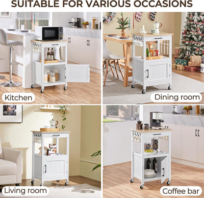 Kitchen Island Cart with Storage, Rolling Kitchen Island on Wheels with 6 Side Hooks, Wood Top Microwave Cart with Drawer for Dining Room, White