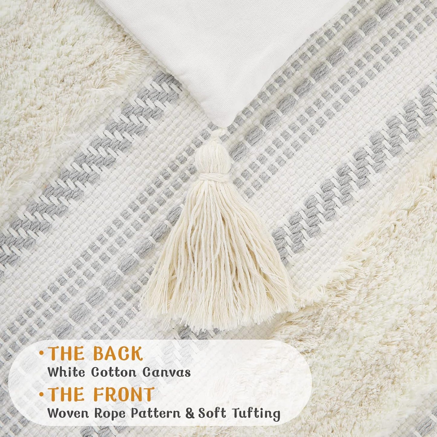 Decorative Boho Throw Pillow Cover 18X18, Accent Neutral Textured Tufted Pillow Cover Striped for Couch Bed Sofa, Beige and Cream White, Pack of 1