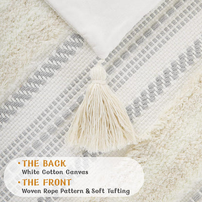 Decorative Boho Throw Pillow Cover 18X18, Accent Neutral Textured Tufted Pillow Cover Striped for Couch Bed Sofa, Beige and Cream White, Pack of 1