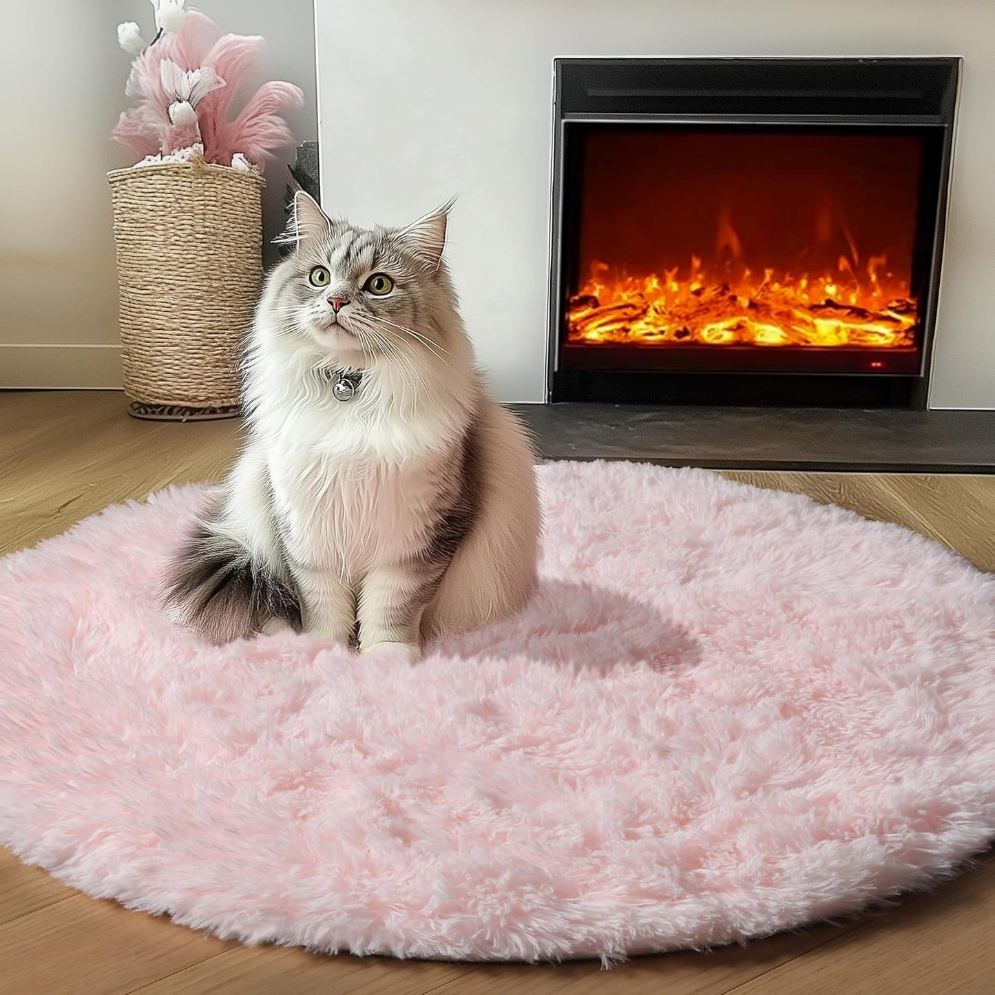 Light Pink round Area Rugs 2Ft for Bedroom Living Room, Fluffy Cat Dog Bed Mat, Circle Rug for Kids Girls Boys Teen, Soft Plush Shaggy Carpet for Nursery Dorm Home Decor Aesthetic