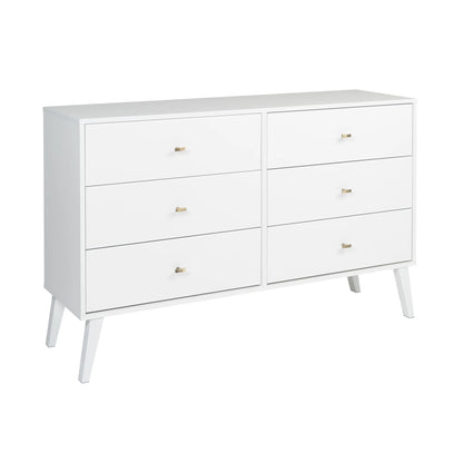 Milo Mid-Century 6 Drawer Wooden Double Dresser, 16.75" X 52.5" X 33", White
