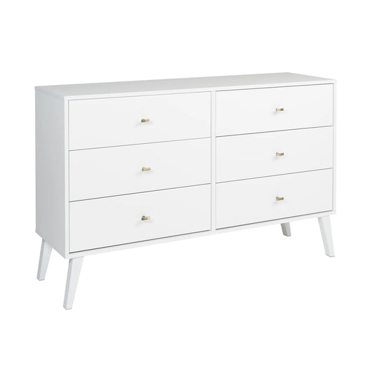 Milo Mid-Century 6 Drawer Wooden Double Dresser, 16.75" X 52.5" X 33", White