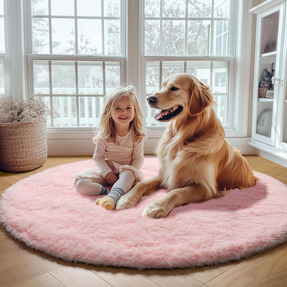 Light Pink round Area Rugs 2Ft for Bedroom Living Room, Fluffy Cat Dog Bed Mat, Circle Rug for Kids Girls Boys Teen, Soft Plush Shaggy Carpet for Nursery Dorm Home Decor Aesthetic