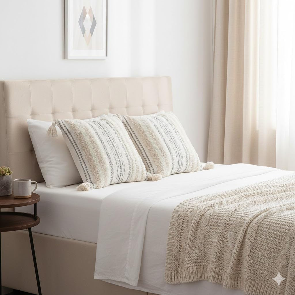 Decorative Boho Throw Pillow Cover 18X18, Accent Neutral Textured Tufted Pillow Cover Striped for Couch Bed Sofa, Beige and Cream White, Pack of 1