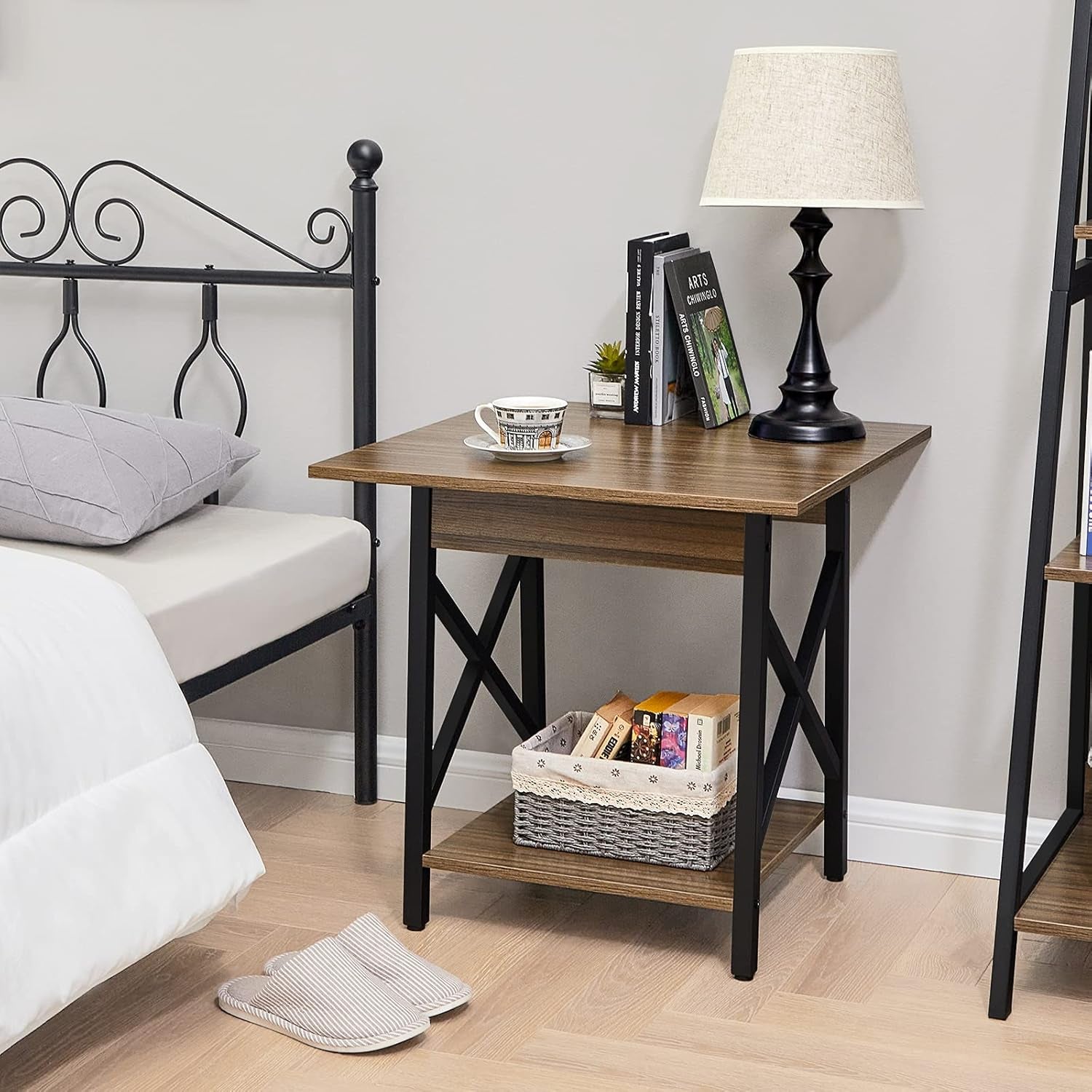 End Table Large 24 Inch Farmhouse Industrial Design Side Table Nightstand with Storage Shelf for Living Room, Easy Assembly, Espresso