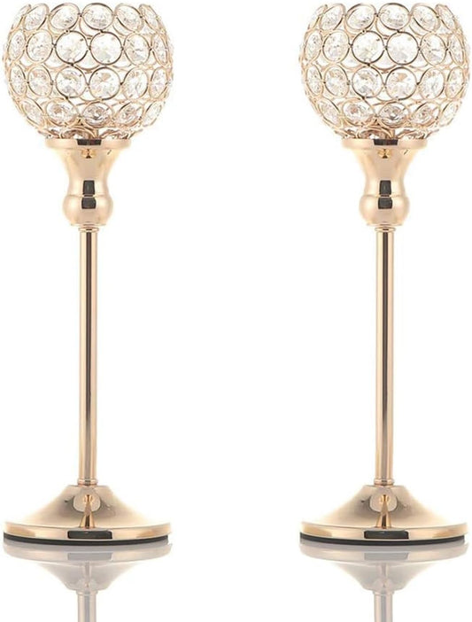 Gold Crystal Candle Holders Set of 2 for Fireplace Coffee Table Mantle Decor,Wedding Home Halloween Decoration Centerpieces