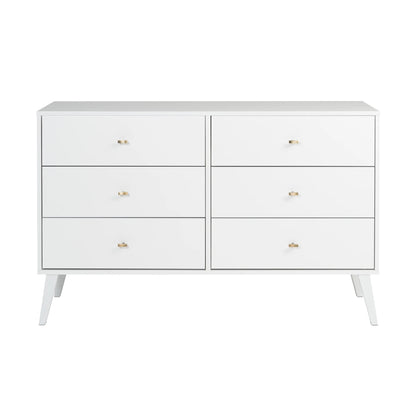 Milo Mid-Century 6 Drawer Wooden Double Dresser, 16.75" X 52.5" X 33", White