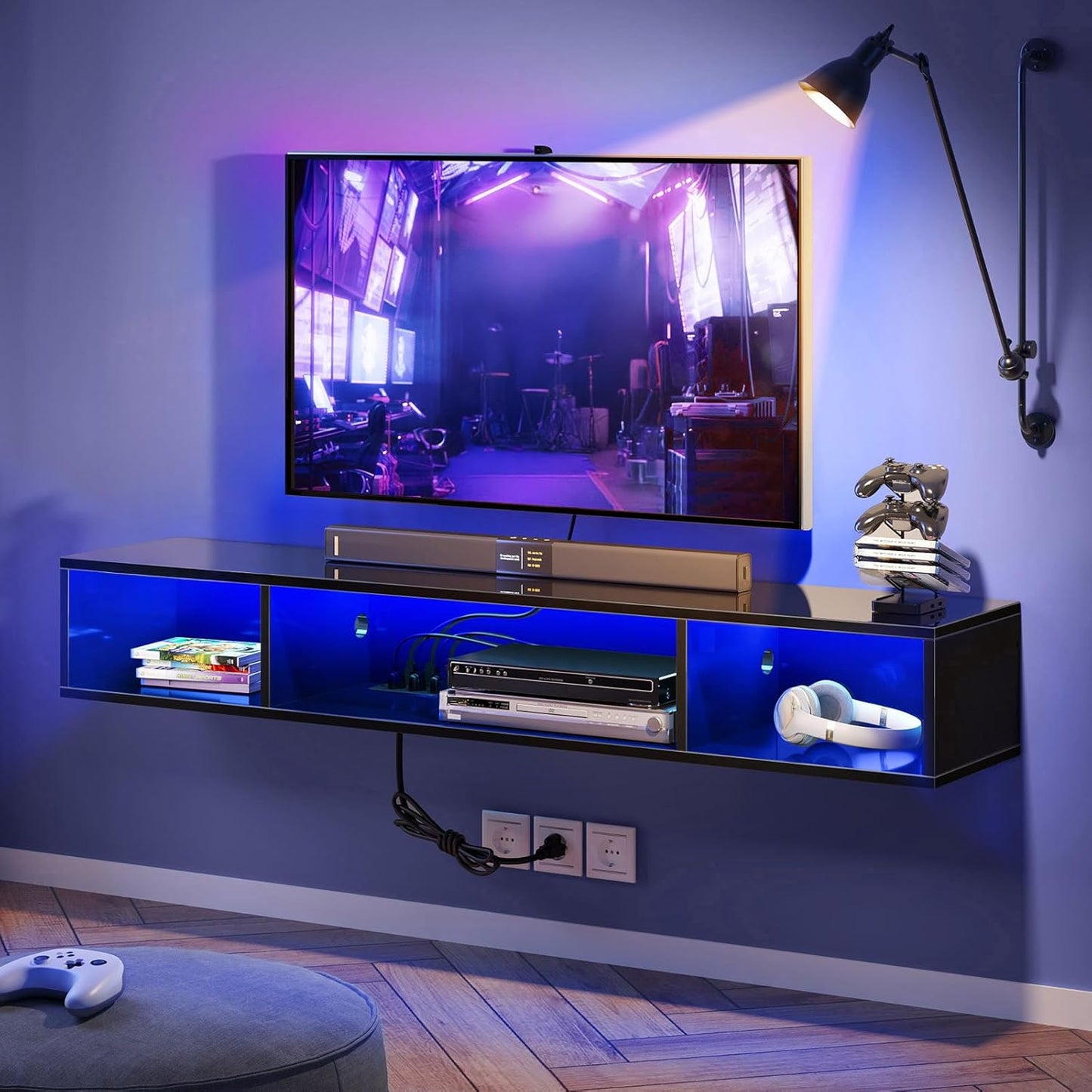 TV Stand with Power Outlet, Floating TV Stand with RGB Lights, 55.1" Wall Mounted TV Shelf, Glossy Black Media Console with Storage Shelf, Entertainment under TV for Living Room, Bedroom