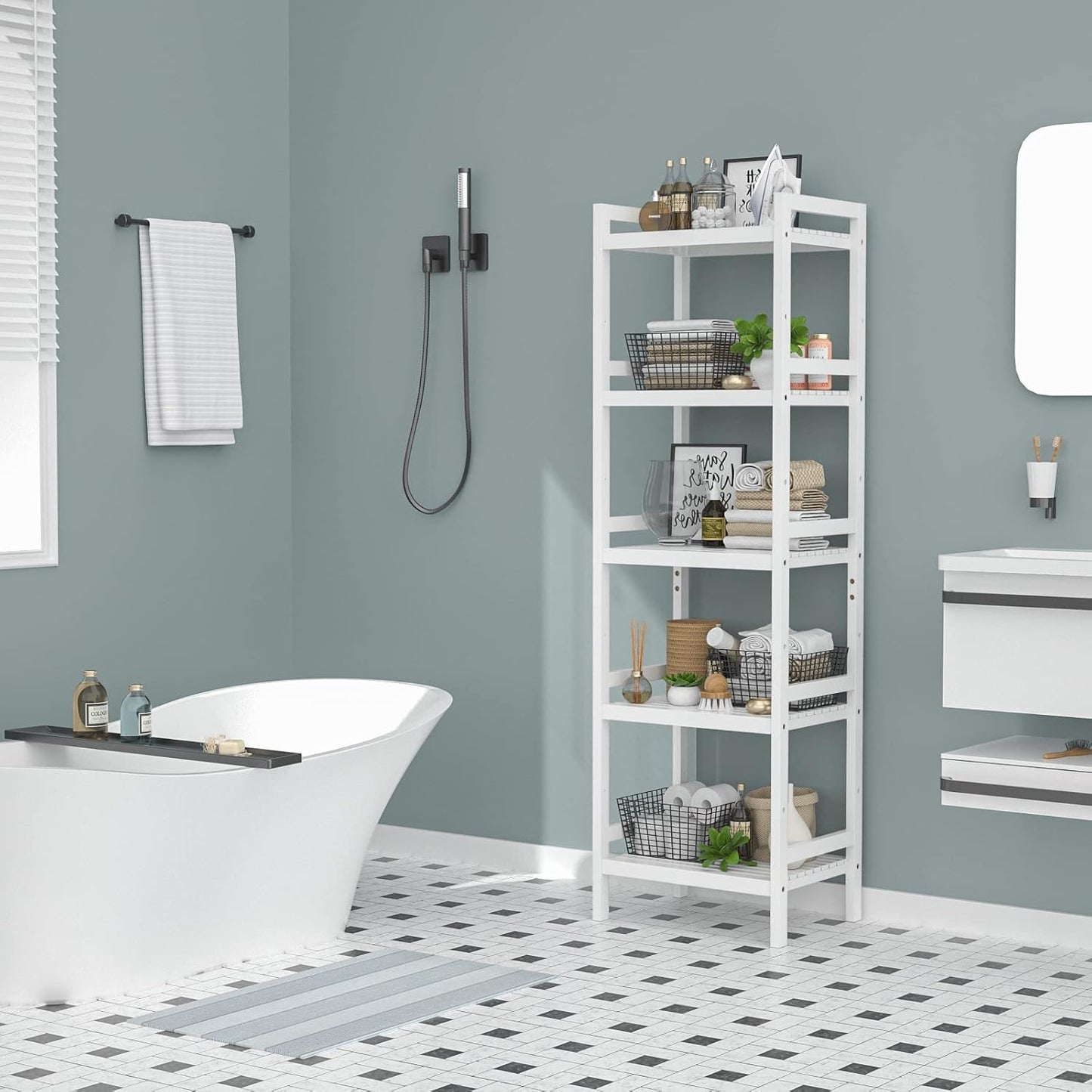 Bamboo Bookshelf, 5-Tier Narrow 55.9” Adjustable Book Shelf Bookcase Bathroom Shelves Freestanding Storage Stand for Living Room, Bedroom, Kitchen, Rust Resistance, Easy Assembly, White