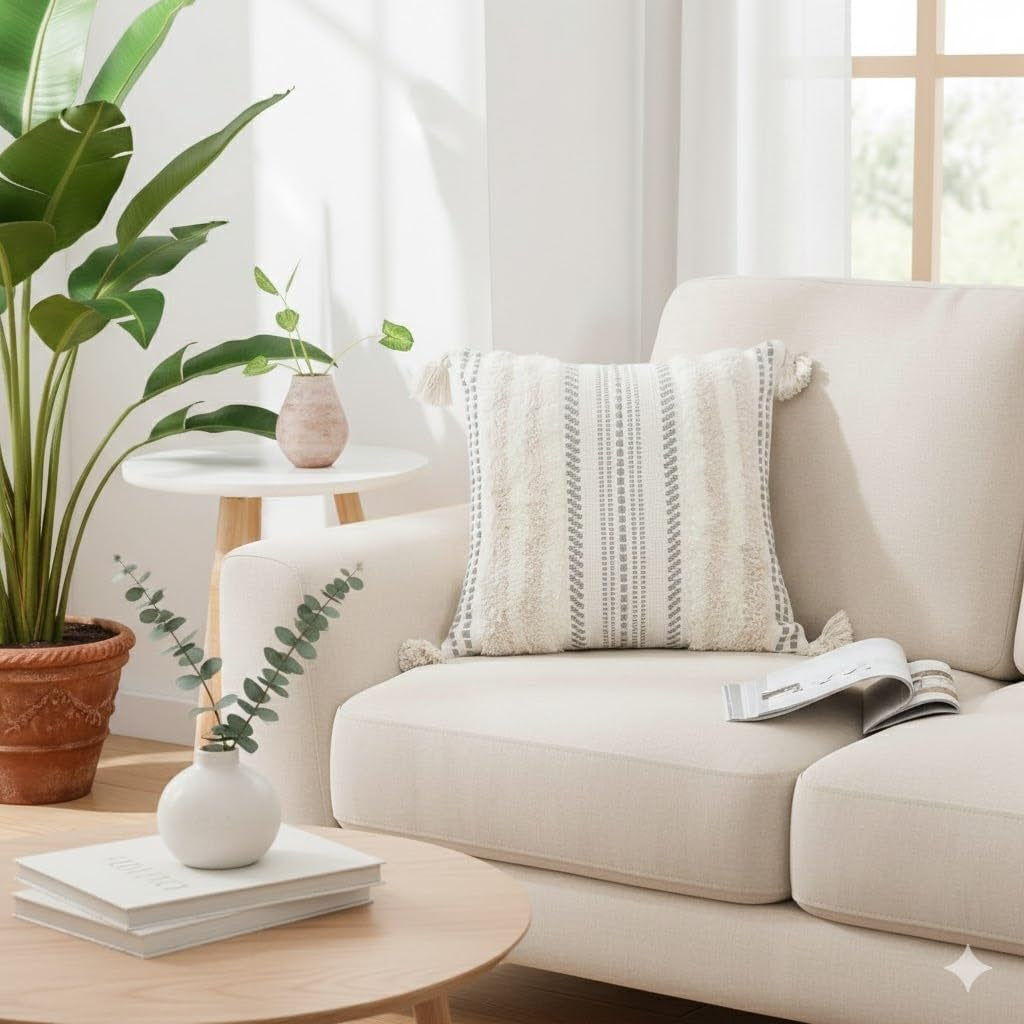 Decorative Boho Throw Pillow Cover 18X18, Accent Neutral Textured Tufted Pillow Cover Striped for Couch Bed Sofa, Beige and Cream White, Pack of 1