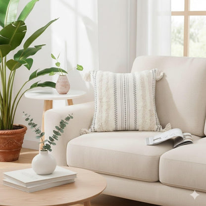 Decorative Boho Throw Pillow Cover 18X18, Accent Neutral Textured Tufted Pillow Cover Striped for Couch Bed Sofa, Beige and Cream White, Pack of 1