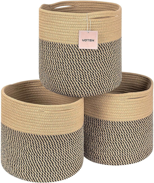 Storage Cubes Baskets Bins Organizer 11X11X11'' Fit 12X12''Cube Storage Organizer Bookcases Shelf,Durable Woven Cotton Storage Basket for Organizing,Round 3Pack Camel/Mixed Black