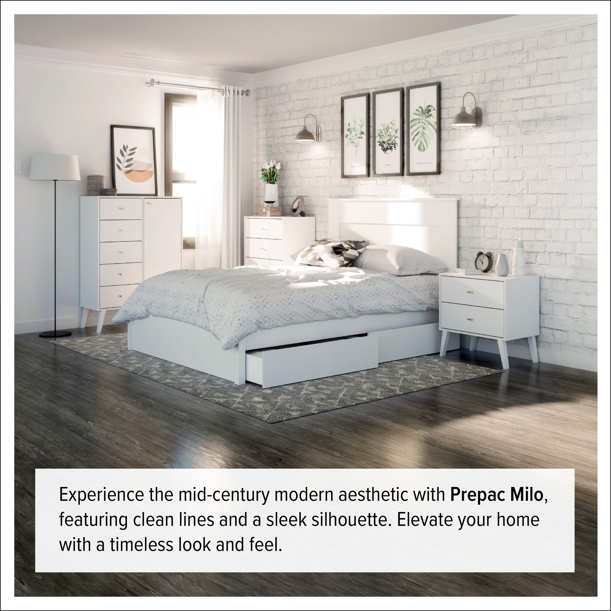 Milo Mid-Century 6 Drawer Wooden Double Dresser, 16.75" X 52.5" X 33", White