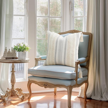 Decorative Boho Throw Pillow Cover 18X18, Accent Neutral Textured Tufted Pillow Cover Striped for Couch Bed Sofa, Beige and Cream White, Pack of 1