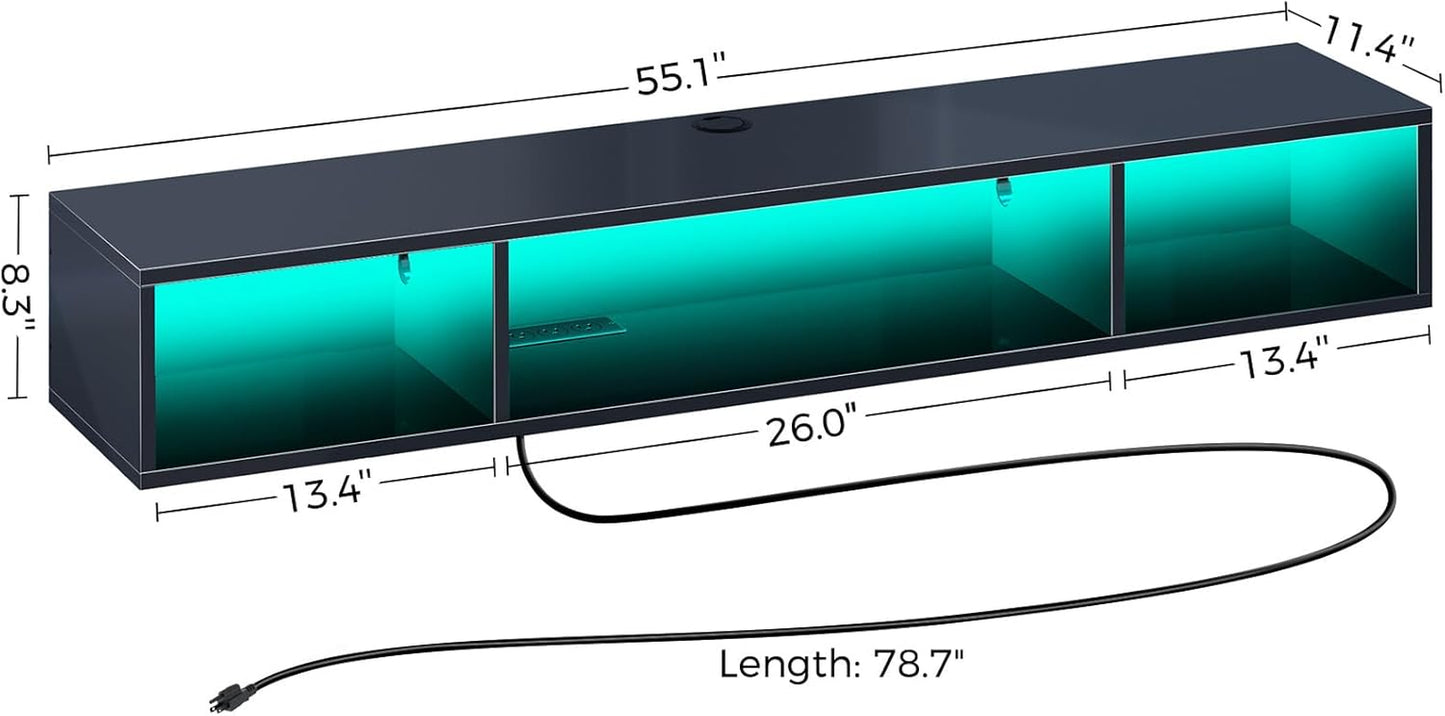 TV Stand with Power Outlet, Floating TV Stand with RGB Lights, 55.1" Wall Mounted TV Shelf, Glossy Black Media Console with Storage Shelf, Entertainment under TV for Living Room, Bedroom