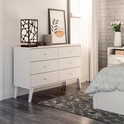 Milo Mid-Century 6 Drawer Wooden Double Dresser, 16.75" X 52.5" X 33", White