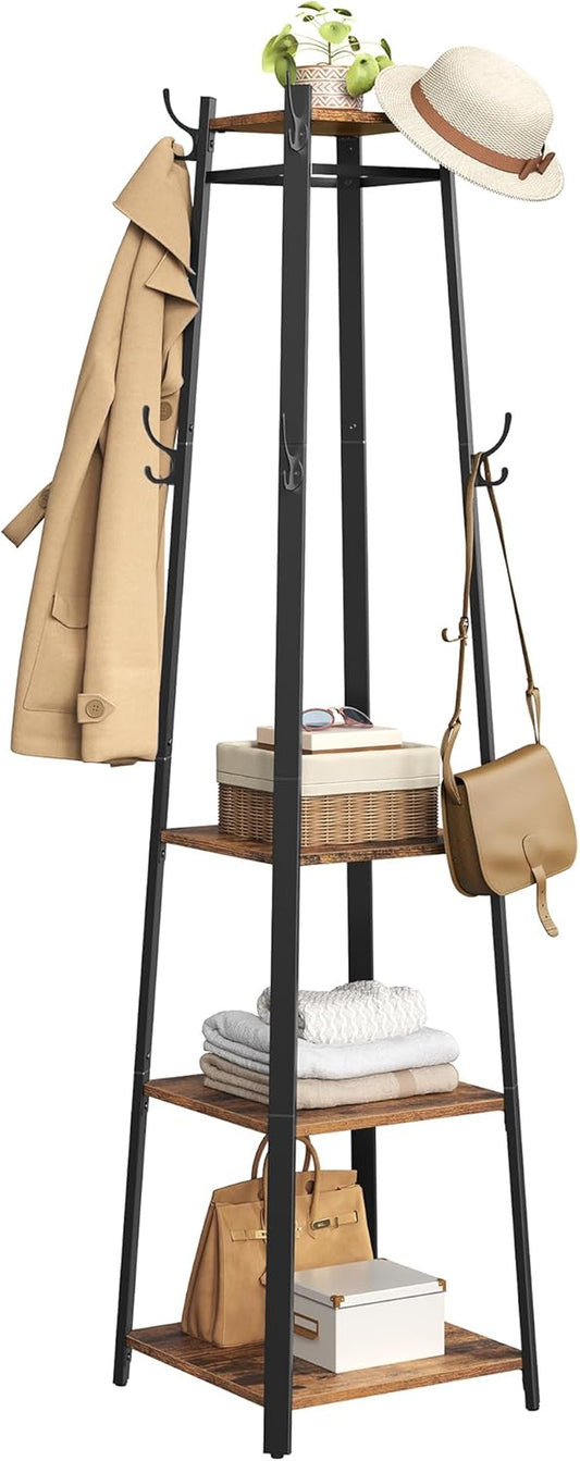Coat Rack, Coat Stand with 3 Shelves, Hall Tree Free Standing with Hooks for Scarves, Bags, Umbrellas, Steel Frame, Industrial Style, for Entryway, Living Room, Rustic Brown and Black ULCR80X