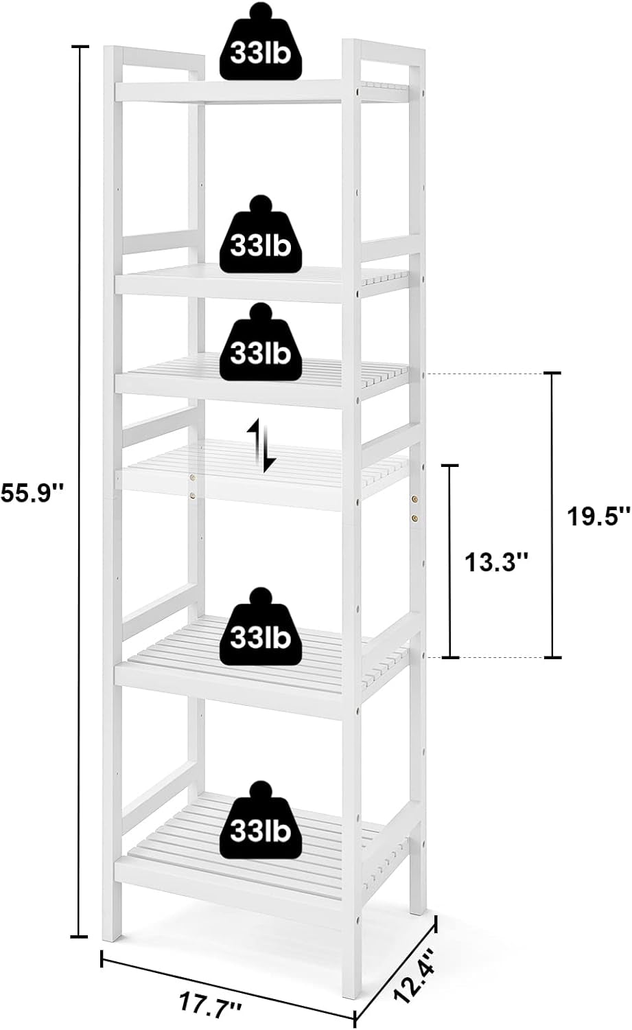 Bamboo Bookshelf, 5-Tier Narrow 55.9” Adjustable Book Shelf Bookcase Bathroom Shelves Freestanding Storage Stand for Living Room, Bedroom, Kitchen, Rust Resistance, Easy Assembly, White