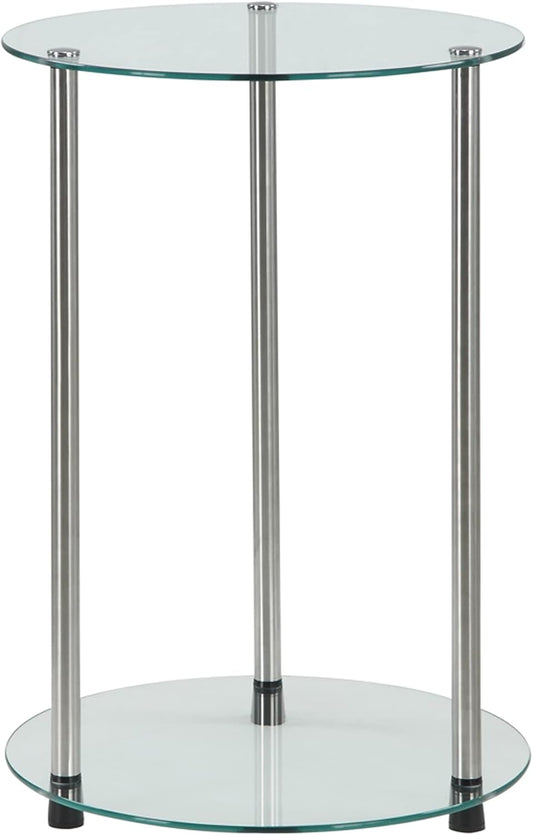 Designs2Go Classic Glass 2 Tier round End Table 15.75" - Modern Side Table for Living Room, Tempered Glass Table with Storage Shelves for Bathroom, Bedroom, Office, Glass/Chrome