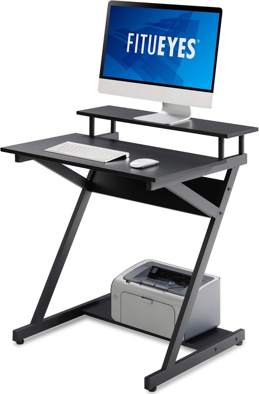 Computer Desk for Small Spaces,27.6" Z-Shaped Compact Study Table with Monitor & Bottom Shelves for Home Office, Black