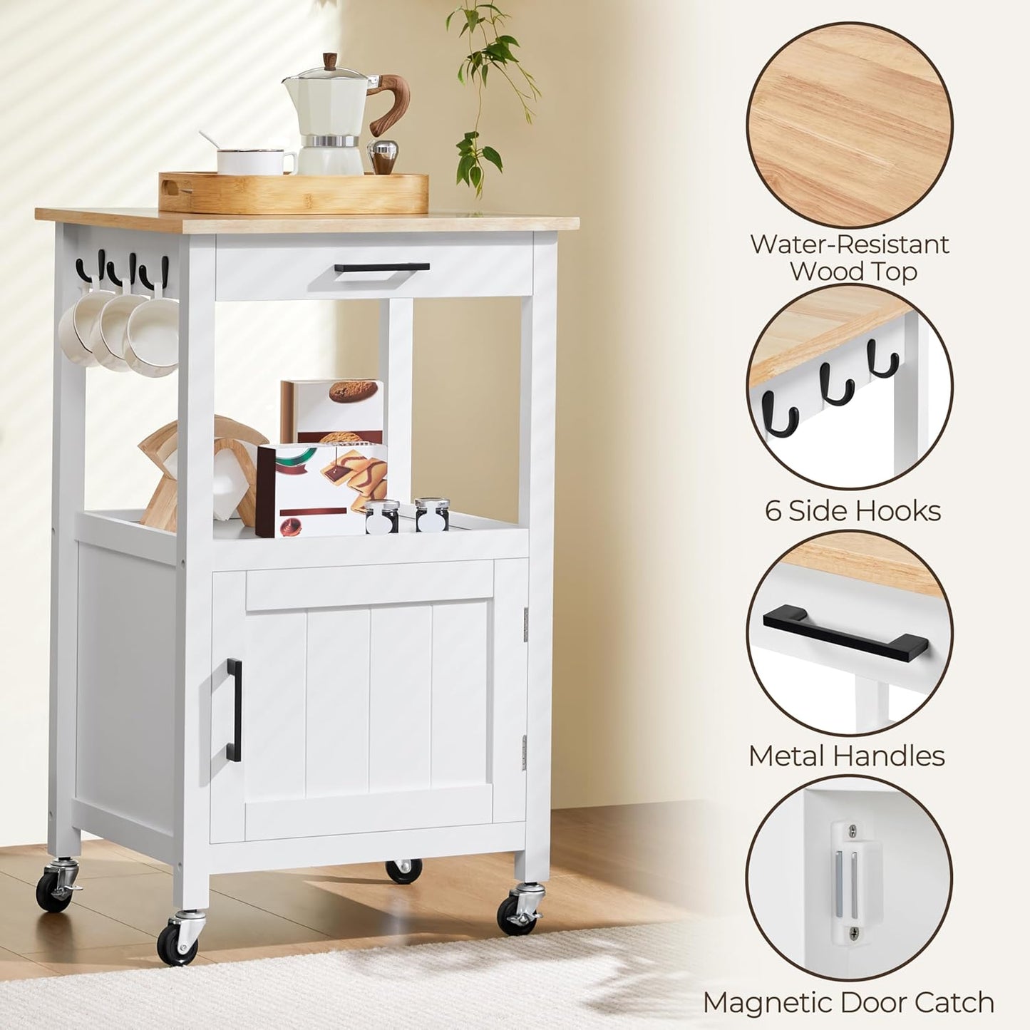 Kitchen Island Cart with Storage, Rolling Kitchen Island on Wheels with 6 Side Hooks, Wood Top Microwave Cart with Drawer for Dining Room, White
