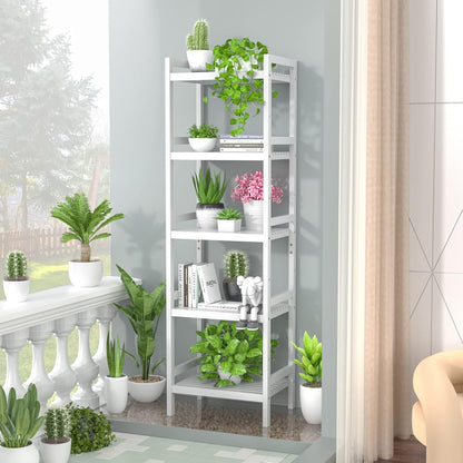 Bamboo Bookshelf, 5-Tier Narrow 55.9” Adjustable Book Shelf Bookcase Bathroom Shelves Freestanding Storage Stand for Living Room, Bedroom, Kitchen, Rust Resistance, Easy Assembly, White