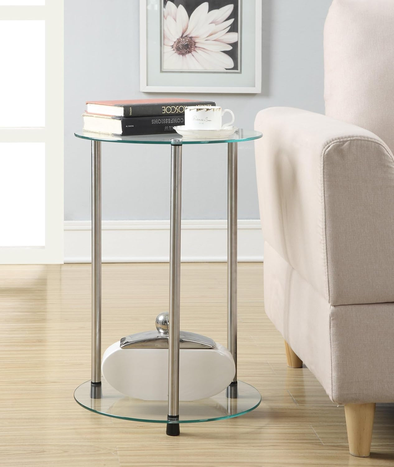 Designs2Go Classic Glass 2 Tier round End Table 15.75" - Modern Side Table for Living Room, Tempered Glass Table with Storage Shelves for Bathroom, Bedroom, Office, Glass/Chrome