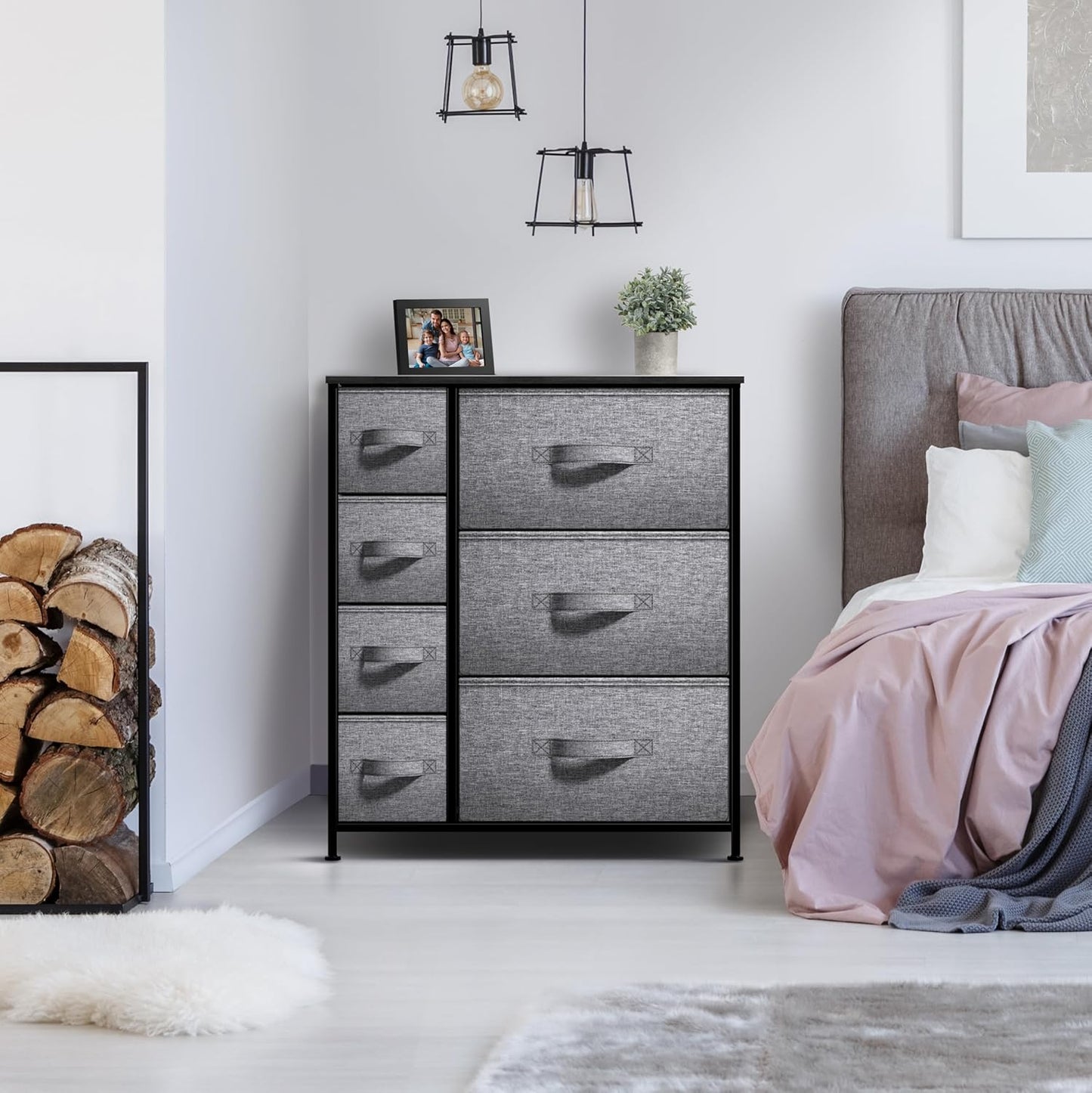 Dresser with 7 Drawers - Chest Organizer Tower Unit with Steel Frame, Wood Top, Easy Pull Fabric Bins - Storage Furniture for Bedroom, Hallway, Closet & Office Organization