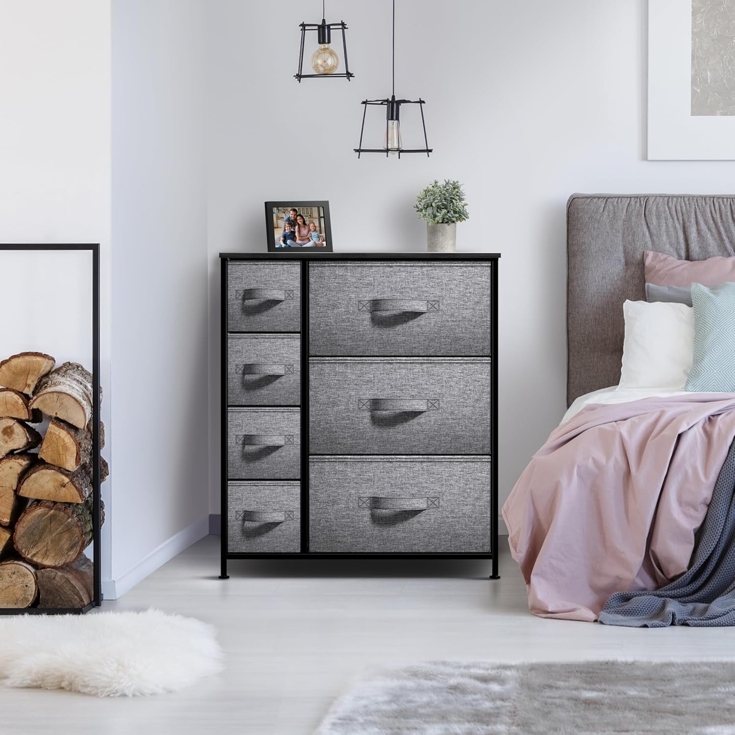 Dresser with 7 Drawers - Chest Organizer Tower Unit with Steel Frame, Wood Top, Easy Pull Fabric Bins - Storage Furniture for Bedroom, Hallway, Closet & Office Organization