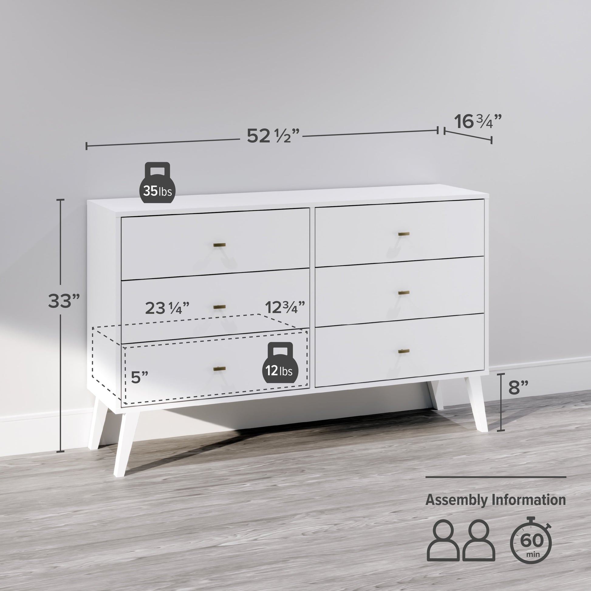 Milo Mid-Century 6 Drawer Wooden Double Dresser, 16.75" X 52.5" X 33", White