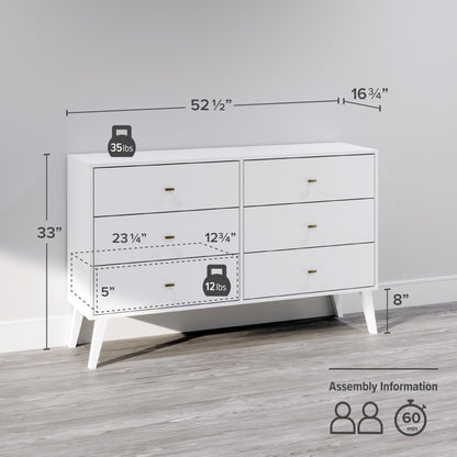 Milo Mid-Century 6 Drawer Wooden Double Dresser, 16.75" X 52.5" X 33", White