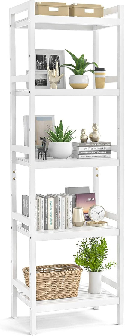 Bamboo Bookshelf, 5-Tier Narrow 55.9” Adjustable Book Shelf Bookcase Bathroom Shelves Freestanding Storage Stand for Living Room, Bedroom, Kitchen, Rust Resistance, Easy Assembly, White