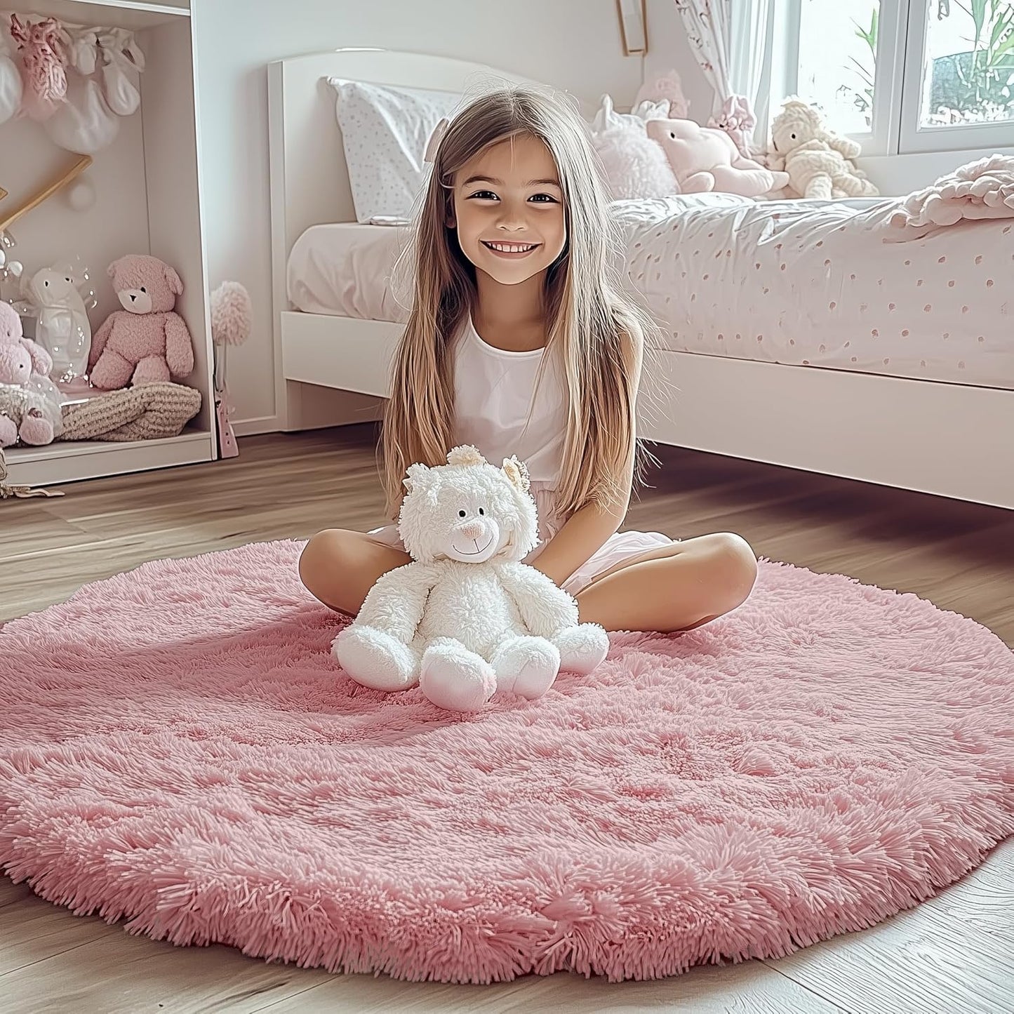 Light Pink round Area Rugs 2Ft for Bedroom Living Room, Fluffy Cat Dog Bed Mat, Circle Rug for Kids Girls Boys Teen, Soft Plush Shaggy Carpet for Nursery Dorm Home Decor Aesthetic