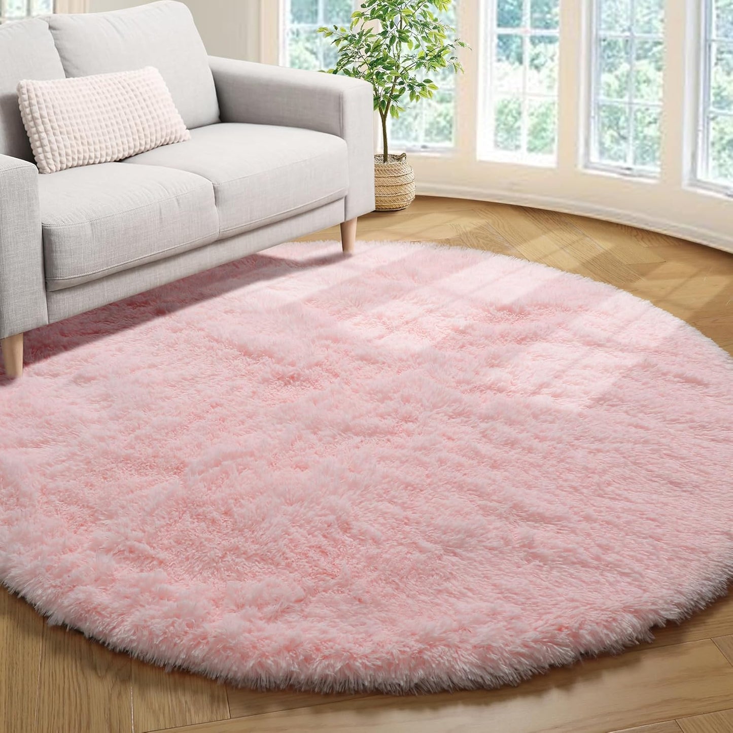 Light Pink round Area Rugs 2Ft for Bedroom Living Room, Fluffy Cat Dog Bed Mat, Circle Rug for Kids Girls Boys Teen, Soft Plush Shaggy Carpet for Nursery Dorm Home Decor Aesthetic