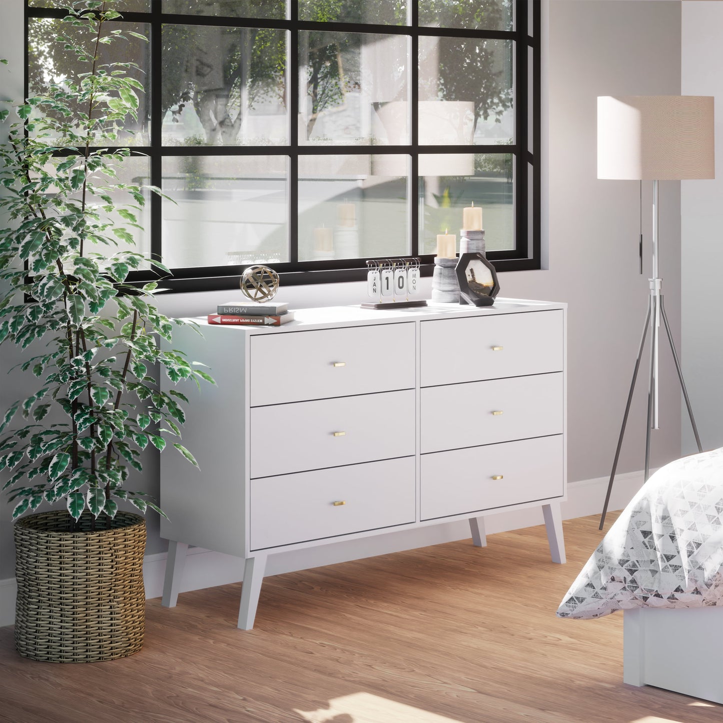 Milo Mid-Century 6 Drawer Wooden Double Dresser, 16.75" X 52.5" X 33", White