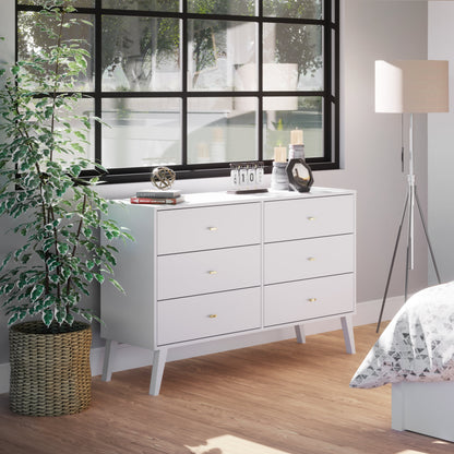 Milo Mid-Century 6 Drawer Wooden Double Dresser, 16.75" X 52.5" X 33", White