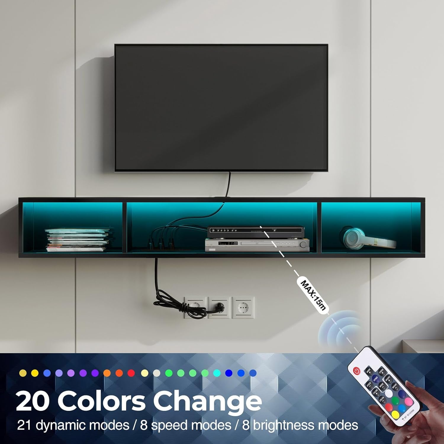 TV Stand with Power Outlet, Floating TV Stand with RGB Lights, 55.1" Wall Mounted TV Shelf, Glossy Black Media Console with Storage Shelf, Entertainment under TV for Living Room, Bedroom
