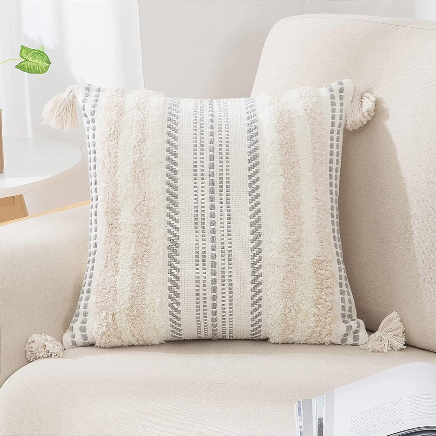 Decorative Boho Throw Pillow Cover 18X18, Accent Neutral Textured Tufted Pillow Cover Striped for Couch Bed Sofa, Beige and Cream White, Pack of 1