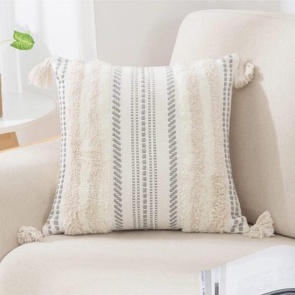 Decorative Boho Throw Pillow Cover 18X18, Accent Neutral Textured Tufted Pillow Cover Striped for Couch Bed Sofa, Beige and Cream White, Pack of 1