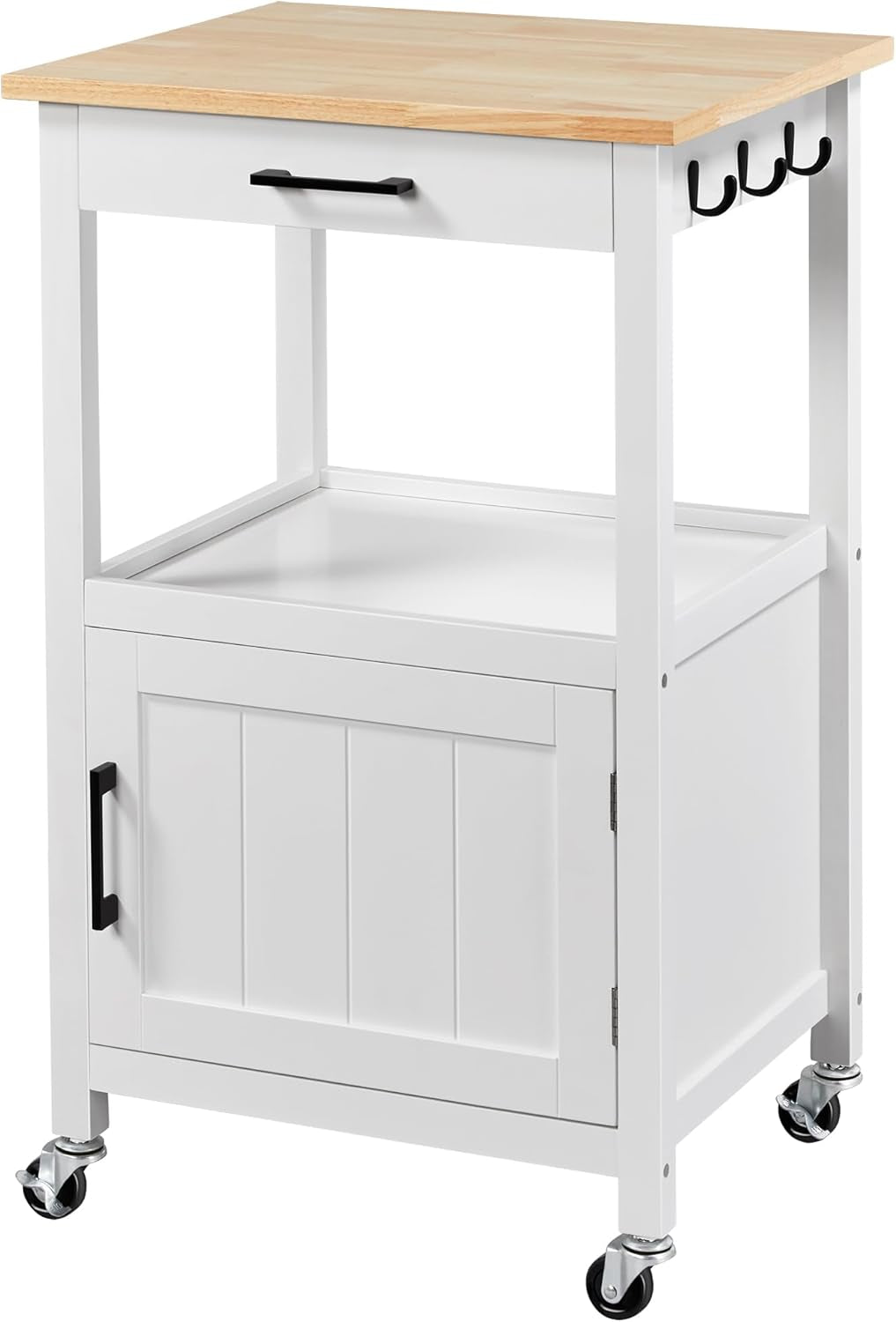 Kitchen Island Cart with Storage, Rolling Kitchen Island on Wheels with 6 Side Hooks, Wood Top Microwave Cart with Drawer for Dining Room, White