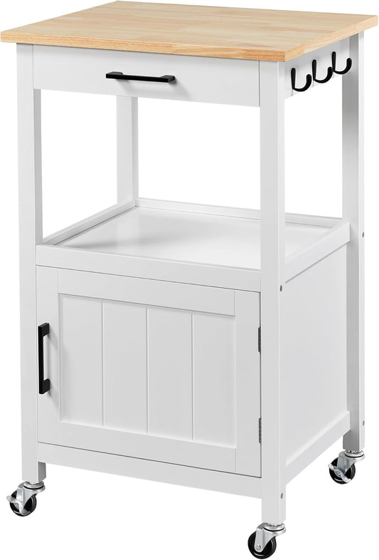 Kitchen Island Cart with Storage, Rolling Kitchen Island on Wheels with 6 Side Hooks, Wood Top Microwave Cart with Drawer for Dining Room, White