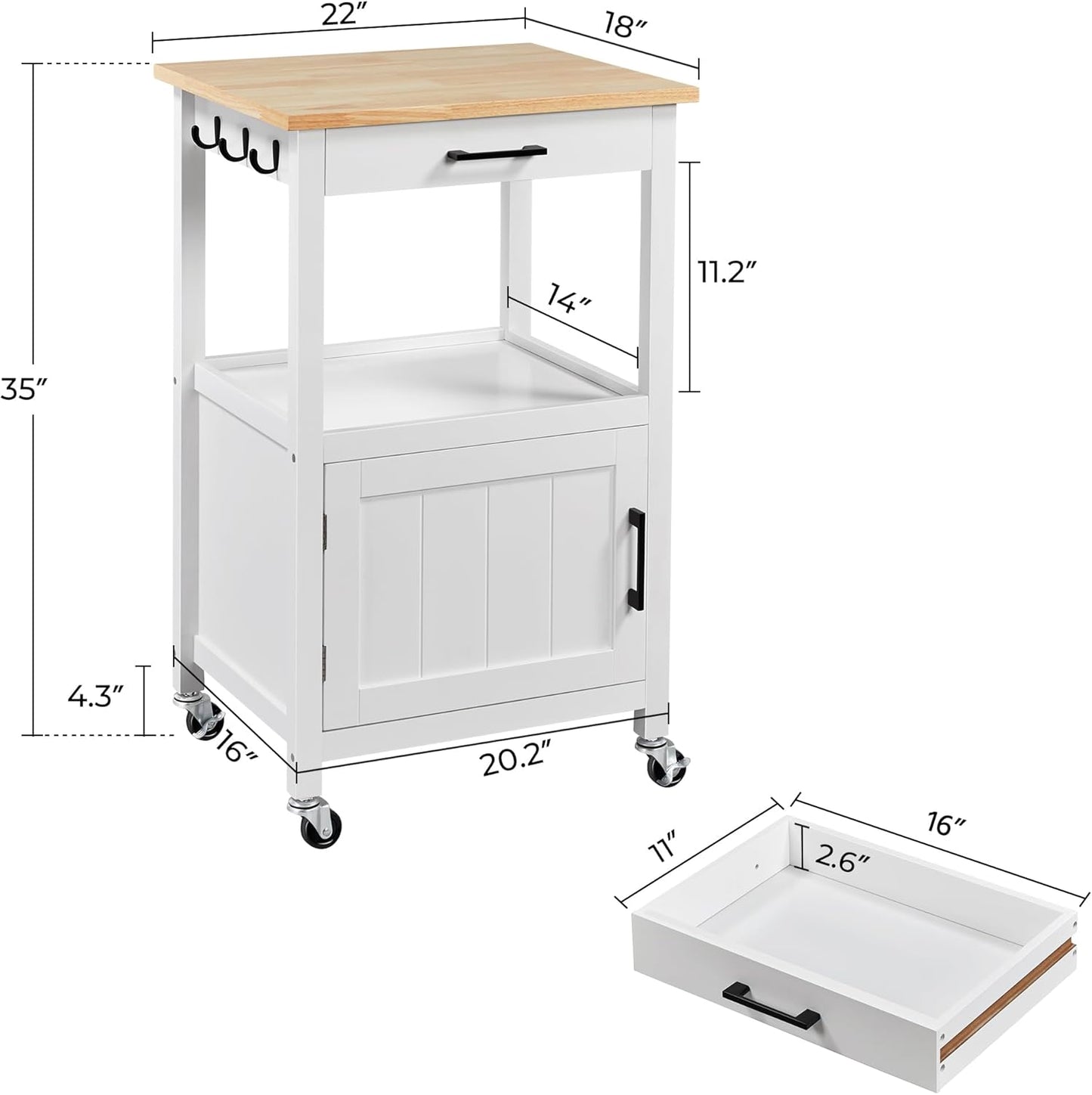 Kitchen Island Cart with Storage, Rolling Kitchen Island on Wheels with 6 Side Hooks, Wood Top Microwave Cart with Drawer for Dining Room, White