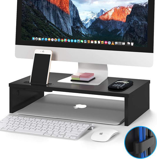 Monitor Stand Riser, 16.7 Inch Wood Monitor Riser Stand with Storage Organizer, Desktop Ergonomic Monitor Stand Riser with Cellphone Holder and Cable Management, Black