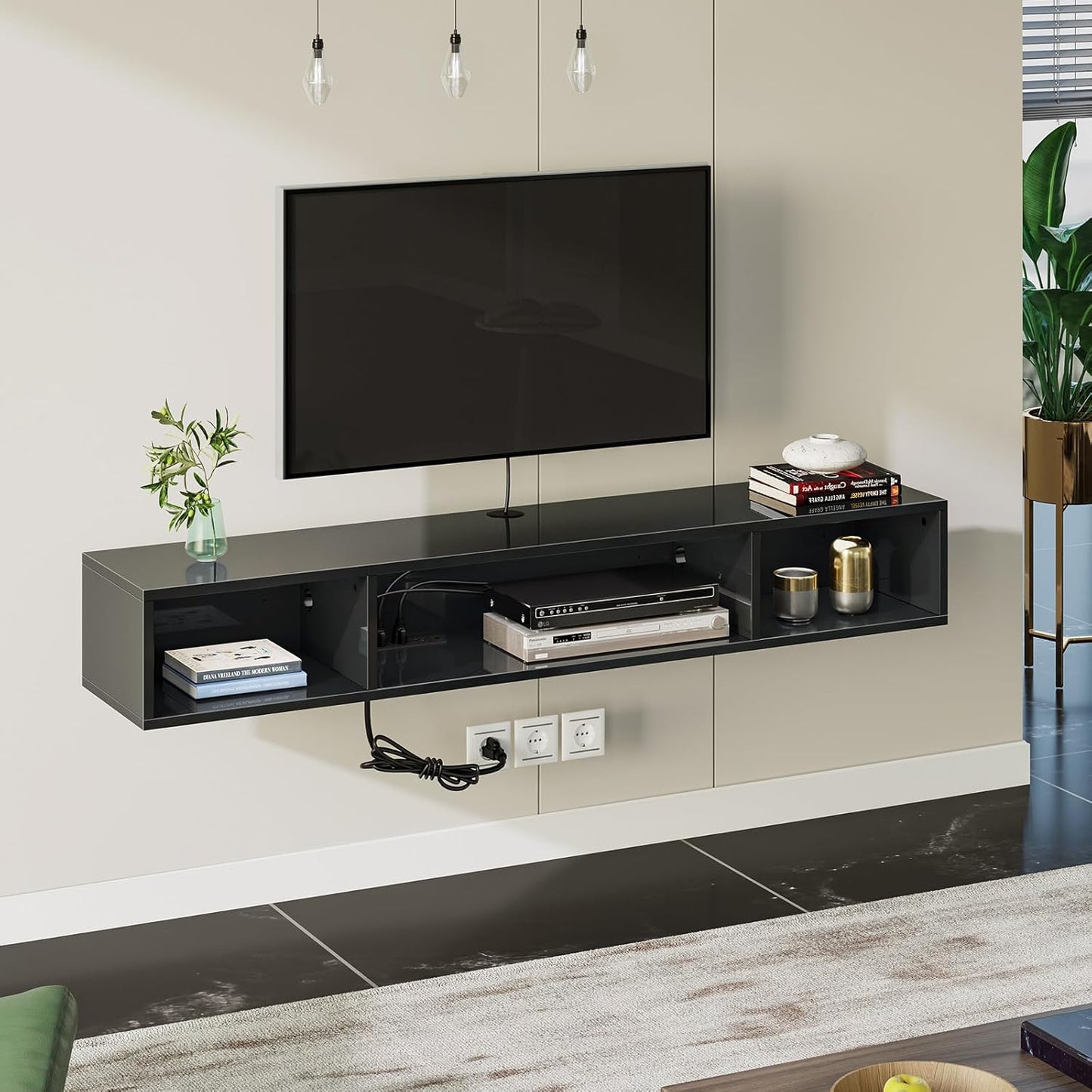 TV Stand with Power Outlet, Floating TV Stand with RGB Lights, 55.1" Wall Mounted TV Shelf, Glossy Black Media Console with Storage Shelf, Entertainment under TV for Living Room, Bedroom